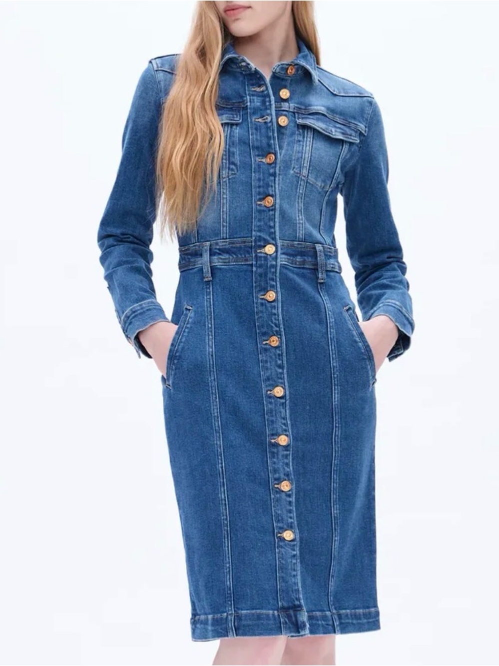 Bayeas Andrea Denim Point Collar Long Sleeve Button Down Dress in Size S